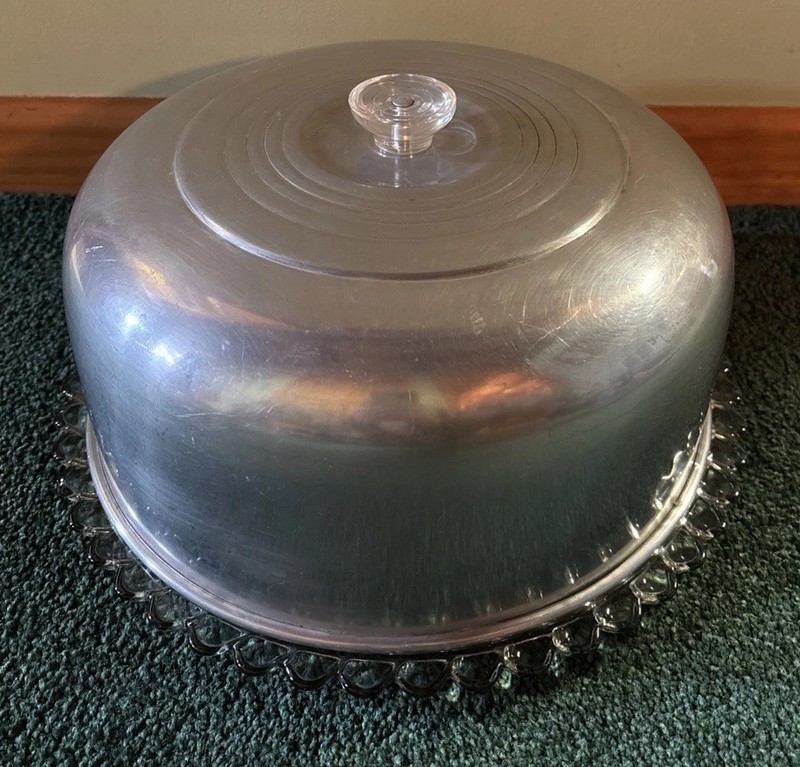 Vintage Aluminum Cake Cover w/Glass Knob and Scalloped Footed Glass Plate MCM