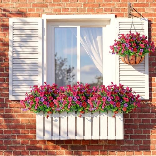 Artificial Flowers for Outdoors, Faux Plants Bundles 12 Hot Pink Red Purple gallery