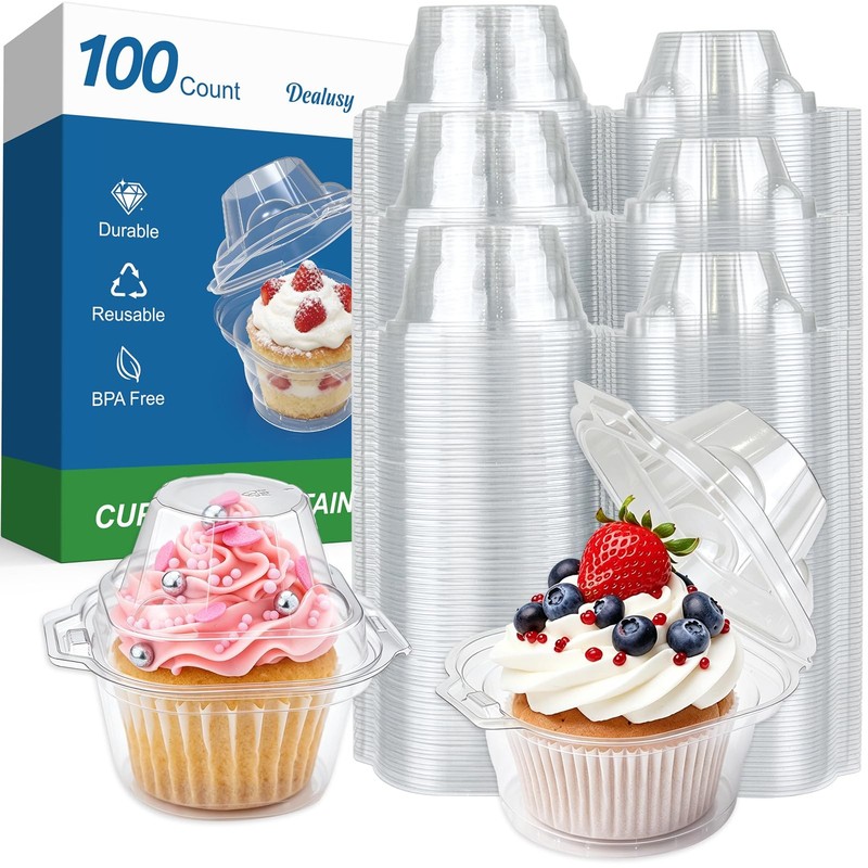 100 Pack Individual Cupcake Containers with Airtight Dome Lids, Clear Plastic…