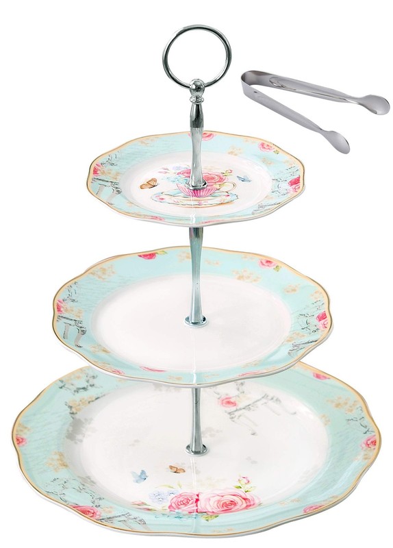 Light Blue 3-tier Ceramic Cake Stand- Cupcake Stand- Tea Party Pastry Serving...