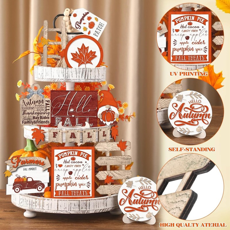 Huwena 16 Pcs Fall Tiered Tray Decor Thanksgiving Autumn Gnome Truck Brown gallery