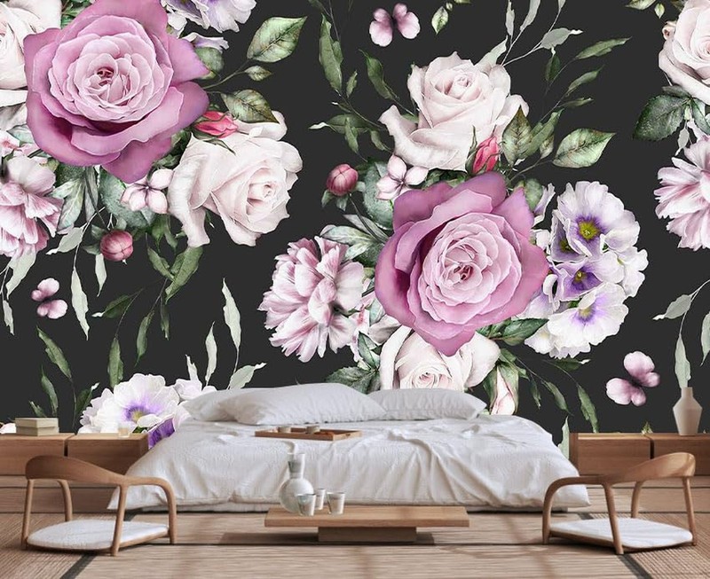 Seamless Pattern of Flowers and Exotic Leaves on a Black Background. Floral R...