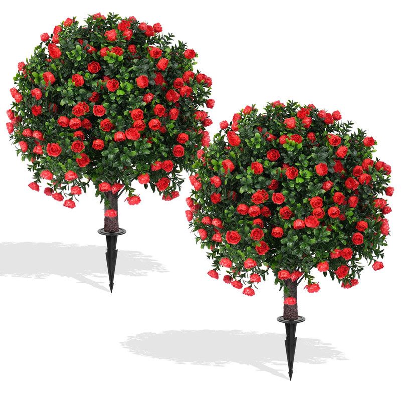 Evernature Artificial Boxwood Topiary Ball Trees Red Rose 2 Set Of 16 Uv