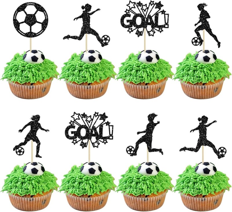 24Pcs Soccer Cupcake Toppers Glitter Women Girl Football Cake Decorations Sports