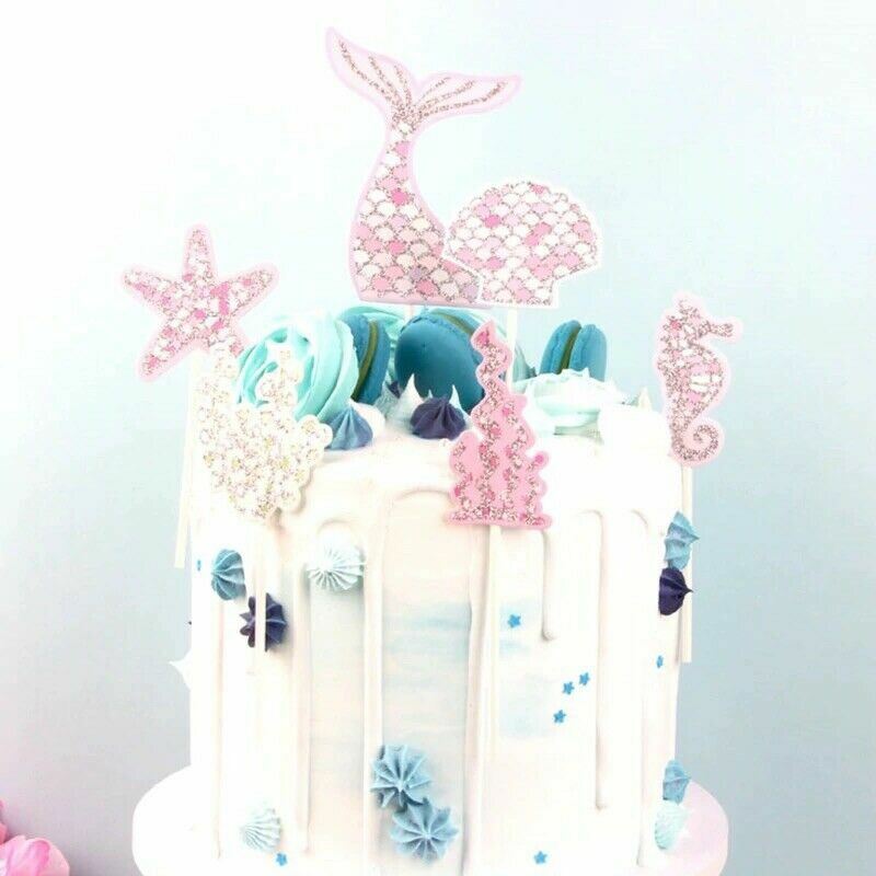 6 PCs/Set Glitter Paper Ocean Theme Sea Horse Star Shell Mermaid Tail Cake Toppe gallery