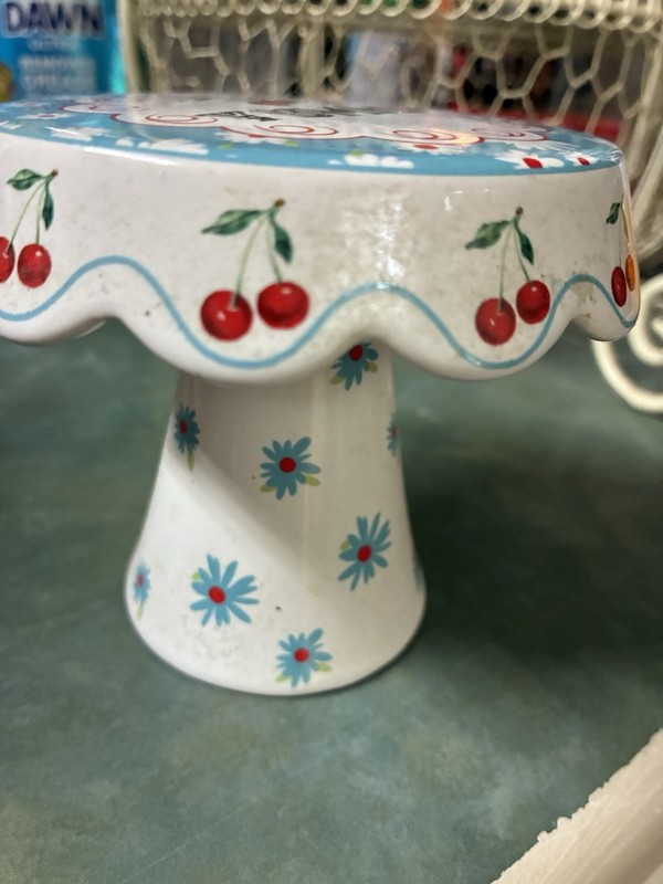 Mini Ceramic Floral Round Cake Stand 3in White Blue, Microwave Safe