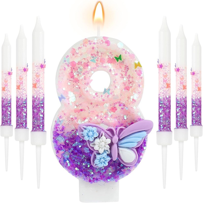 Butterfly 8th Birthday Candle Purple Number 8 Candle with 6 Pcs Long Candles for