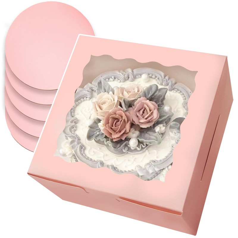 18 Sets 8x8x5 Inch Pink Cake Box Window With 8 Inch Round Boards Containers
