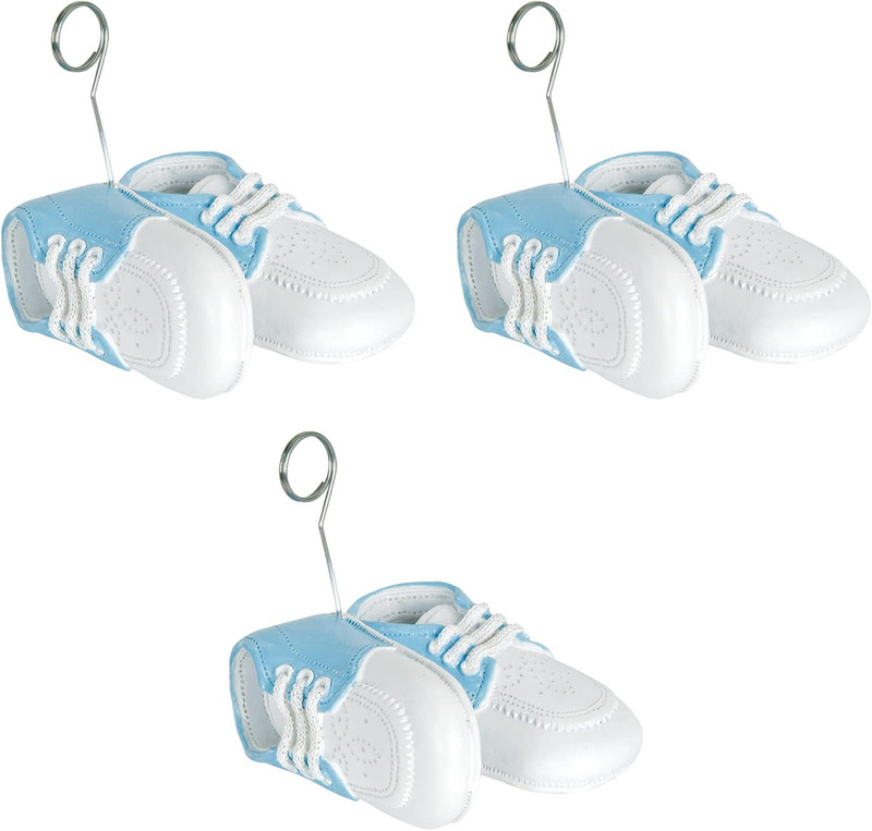 Set of 3 Blue Baby Shoes Photo/Balloon Holders, 6 Oz- Boy Baby Shower Gender Rev