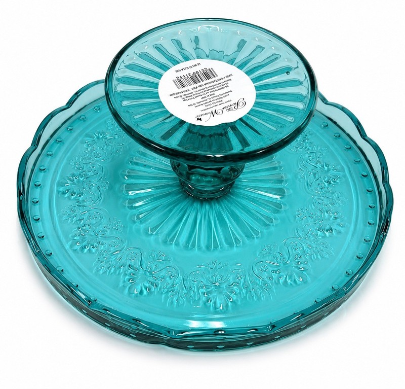 Retired Pioneer Woman Cassie Cake Stand Embossed Glass Plate Teal 10” Inches gallery