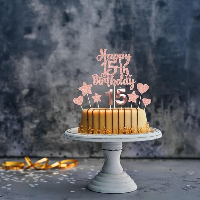 15Pcs Happy 15th Birthday Cake Topper Set with Heart Star Glitter Cheers to 15 gallery