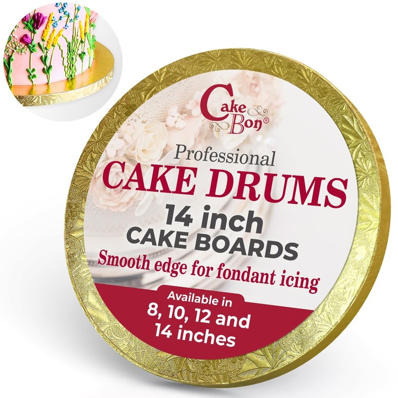 Cake Board Drum 14 Inch Round Gold 1/2 Inch Thick Sturdy Smooth Edge Base