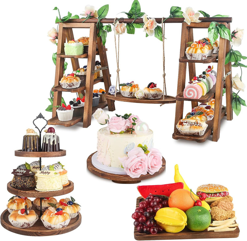 4 Pack 3-Tier Wooden Cake Stand Set with Floral Decor for Parties & Catering