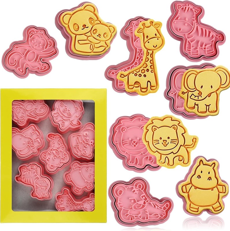 8 Pcs Animal Cookie Cutters with Plunger Stamps 3D Biscuit Fondant Baking Molds