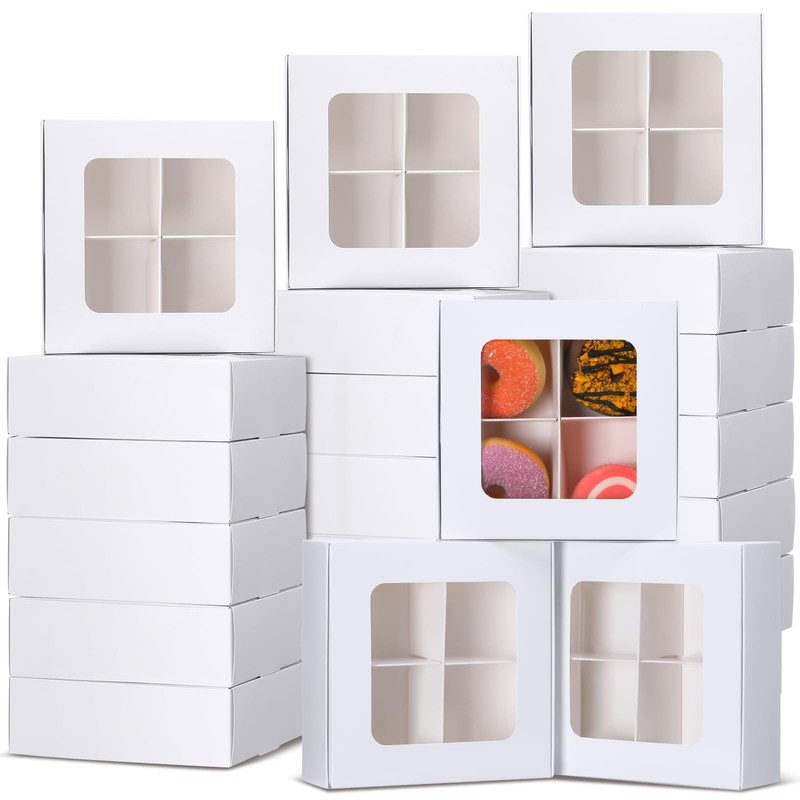 50 Pcs Kraft Treat Boxes with Window and Dividers, Empty Candy Truffle Baking…