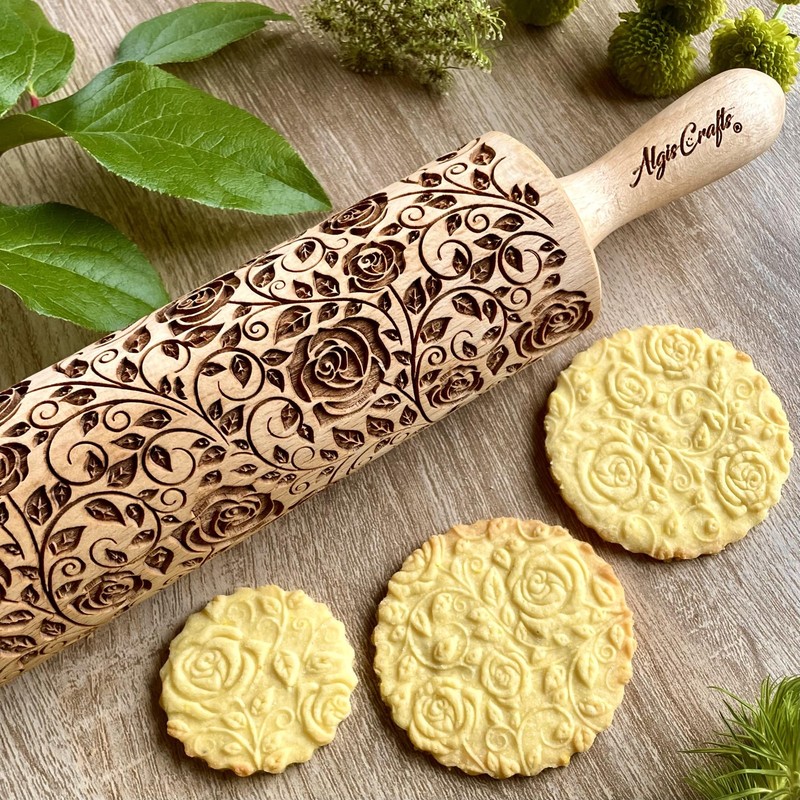 DAMASCUS ROSES Embossed Rolling Pin Wooden Embossing Dough Roller for Cookies... gallery