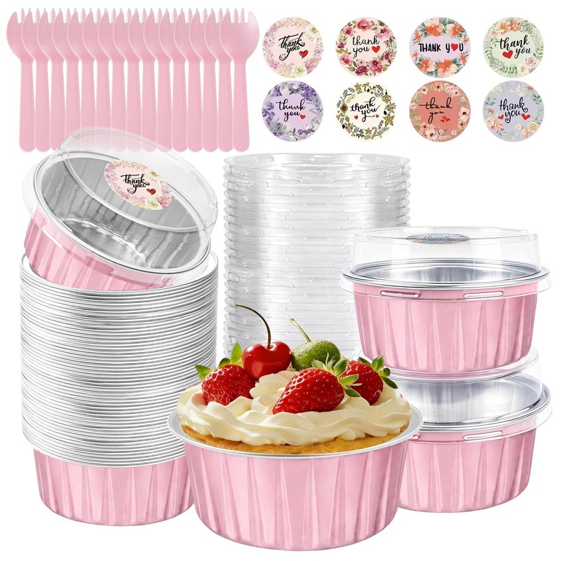 50 Pack Round Disposable Aluminum Foil Baking Cups-5oz, Mini Cake Pans with L…