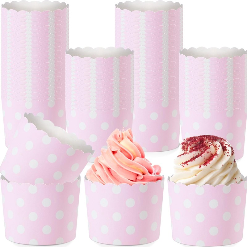 100 PCS 5oz Valentines Day Paper Baking Cups Pink Polka Dots Ice Cream Bowls