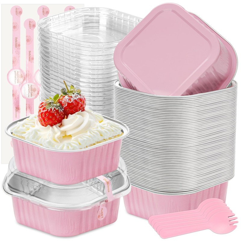 50 Pack Mini Cake Pans with Lids and Spoons Small Aluminum Foil Square Baking