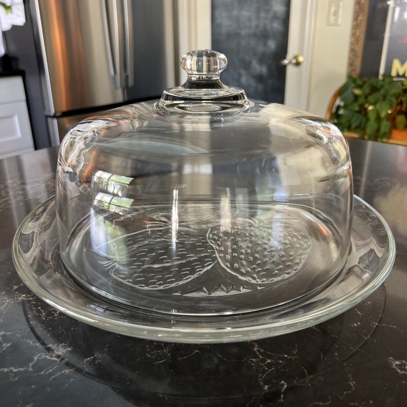 Large Clear Glass 13” Cake Plate w/ Strawberry Pattern & 10” Heavy Dome Lid