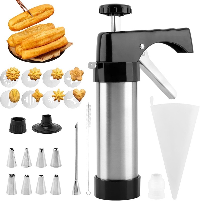 Churro Maker Machine, Stainless Steel Churros Gun Kit with 8 Piping Nozzles, 8