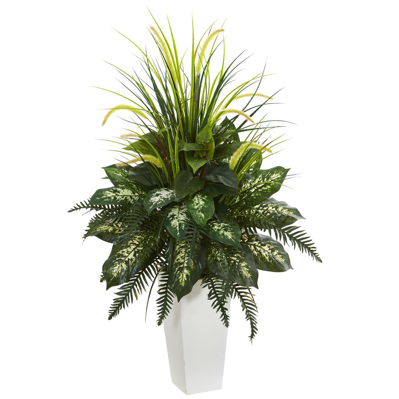 Nearly Natural Artificial White Mixed River Fern And Dogtail Plant Tower