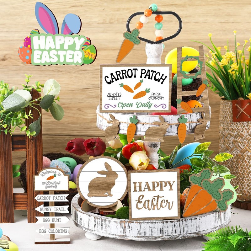 12 Pcs Easter Tiered Tray Decor Wooden Carrot Patch Bunny Egg Tiered Tray Items gallery