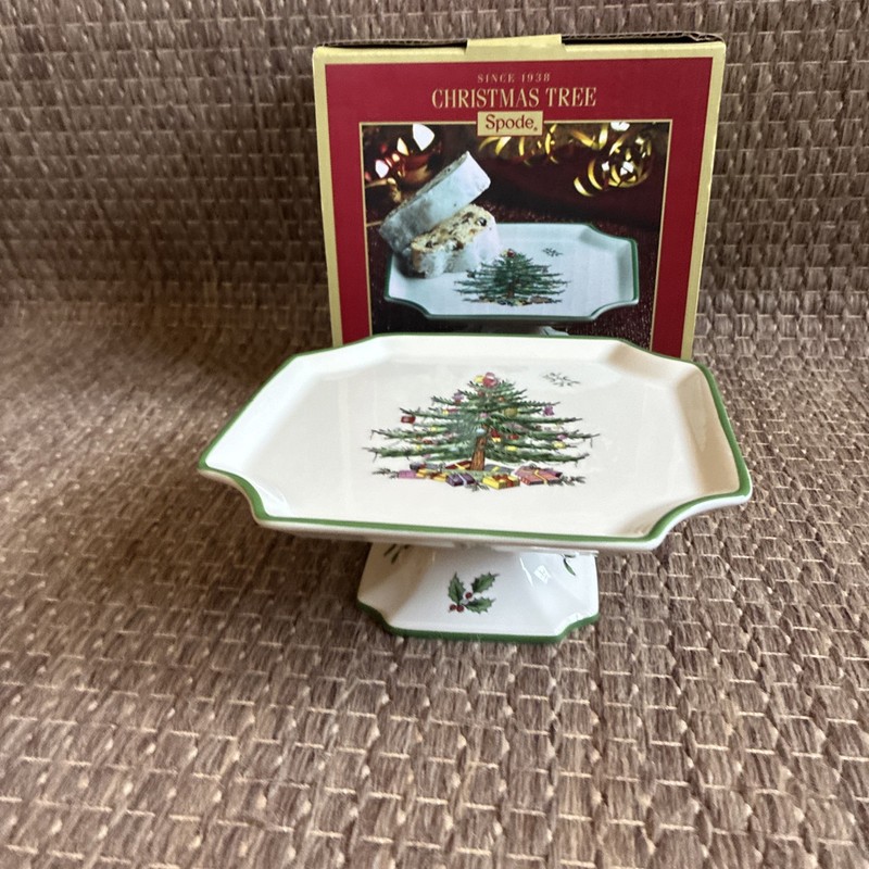 Spode Christmas Tree Fine Porcelain 6.5 Inch Footed Square Cake Plate With Box