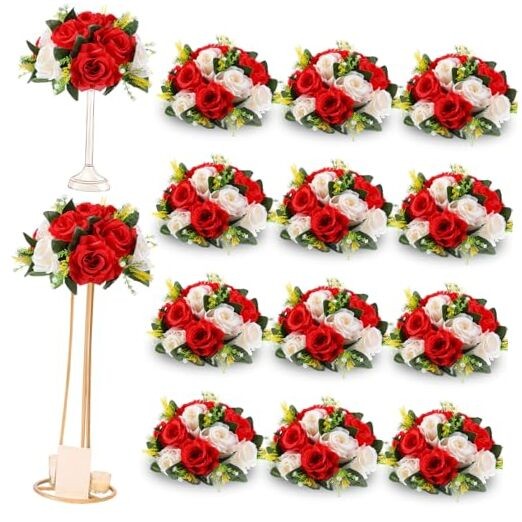 Pcs Artificial Rose Flower Balls for Centerpieces, Silk Roses 12 Red, White