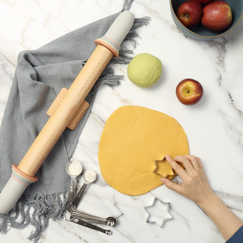Adjustable Wood Rolling Pin with 5 Thickness Rings, Precise Dough Roller Hand... gallery