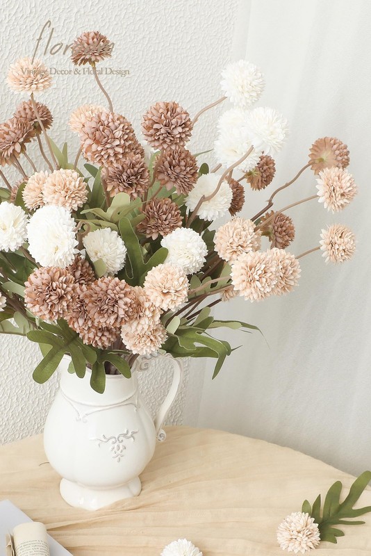 Floroom 9pcs Taupe Beige Mix Faux Silk Mums Artificial Flowers, Bulk Fake Small gallery