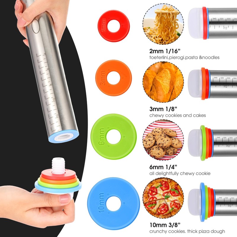 Dandat Rolling Pin with Adjustable Thickness Rings and Silicone Baking Pastry... gallery