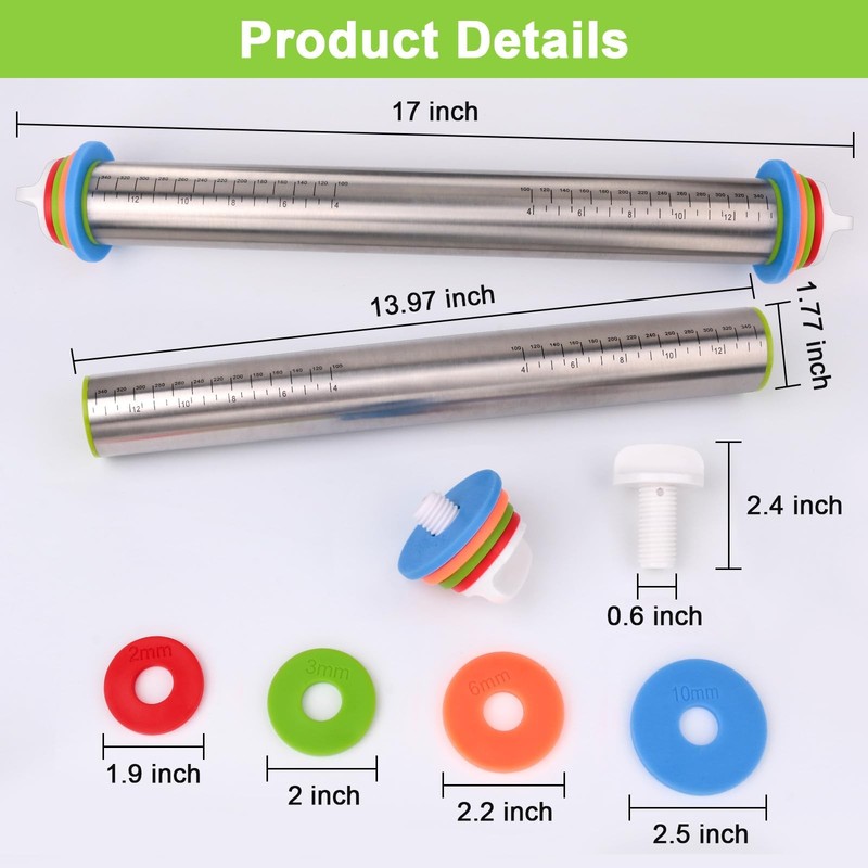 Adjustable Rolling Pin With Thickness Rings For Baking Stainless Steel Designs D gallery