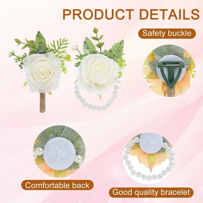 2 Pcs Rose Wrist Corsage and Boutonnieres Set, Wedding Flower Wristlet White gallery