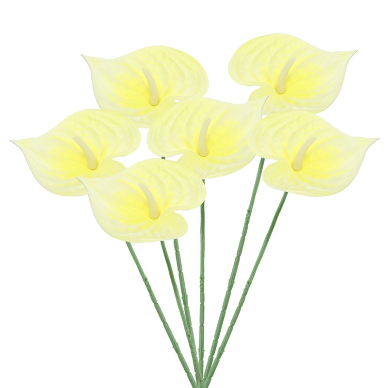 6Pcs 13″ Artificial Anthurium Lily Flowers Floral Bouquet Decor, Light Yellow