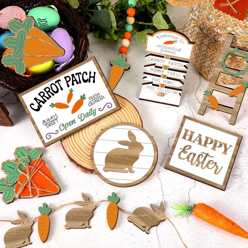 12 Pcs Easter Tiered Tray Decor Wooden Carrot Patch Bunny Egg Tiered Tray Items gallery