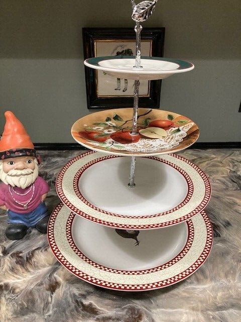 CUSTOM 4 TIER CAKE, DESSERT, FRUIT, UPCYCLED DISPLAY SERVEWARE PARTY PLATE STAND