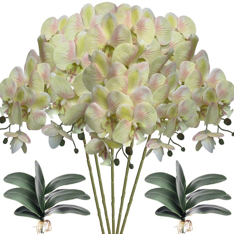 Hinyoco 5 Pcs Artificial Orchid Flowers And 4 Bundles Leaves Artificial