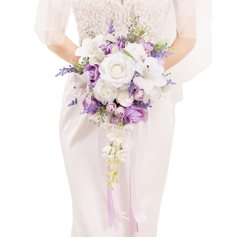 Floinla Bridal Bouquet Cascading Lilac Wedding Bouquets For Bride Bridesmaid 10