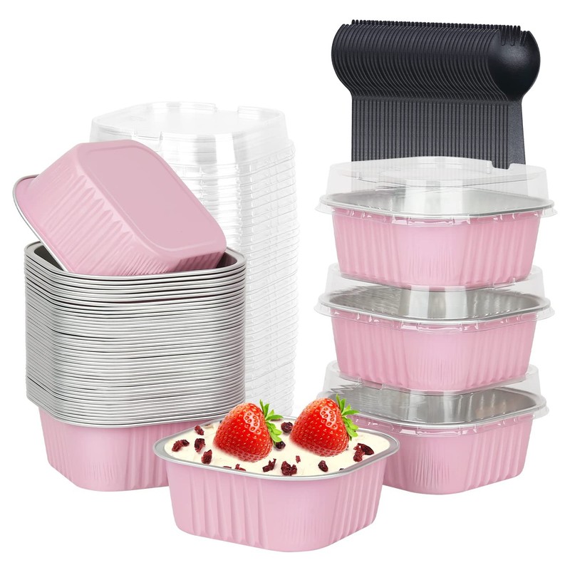 10oz Mini Cake Pans With Lids 40 Pack, Aluminum Foil Square Brownie Baking Cu…