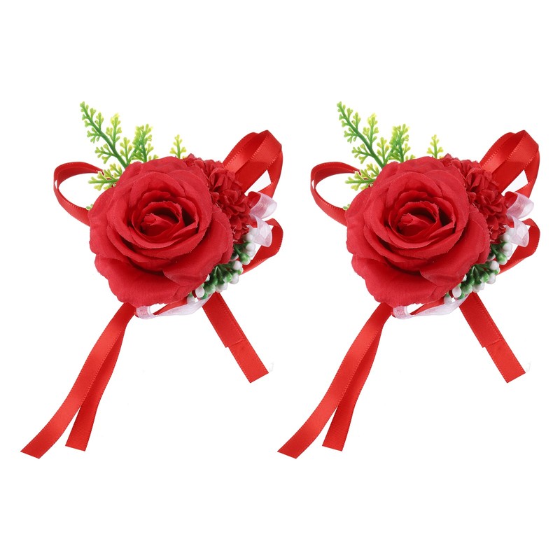 2pcs Wrist Corsage Artificial Flower Bracelets Rose Decorative 10x12cm Red