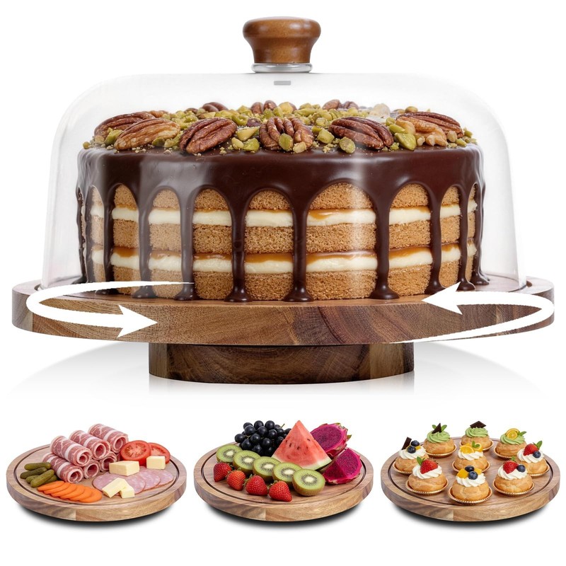 Acacia Wood Cake Stand with Lid, 12In Wooden Cake Stand with Acrylic Dome, Cake