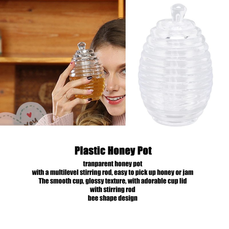 Transparent Plastic Beehive Shape Honey Pot Jar Dipper Lid Syrup Dispenser gallery