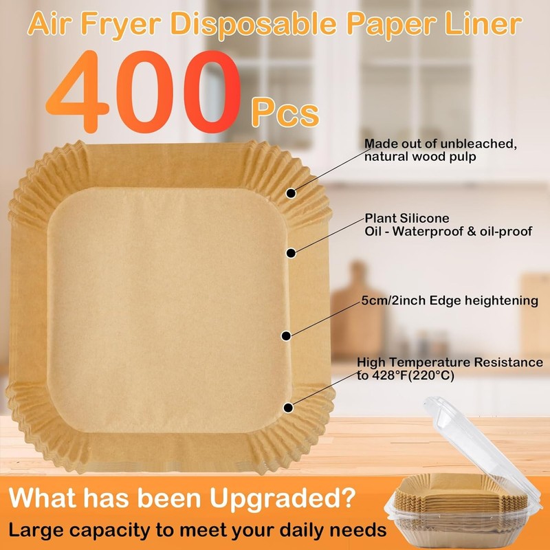 400 Pcs Air Fryer Liners Disposable, 8” Square Unbleached Heavy Duty Air gallery