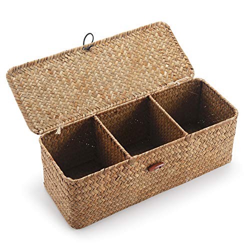 Seagrass Storage Basket with Lid Rectangular Small Woven Natural 3 Sections gallery