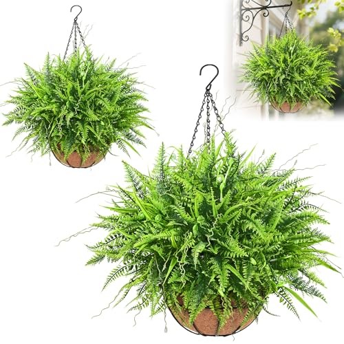 Artificial Hanging Ferns for Outdoors, UV Resistant Fake Mixed 2 Pack Green