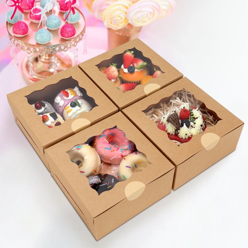 60 pcs Bakery Boxes with Window 6X6X3 inches Kraft Cookie Pastry for Baked Goods gallery
