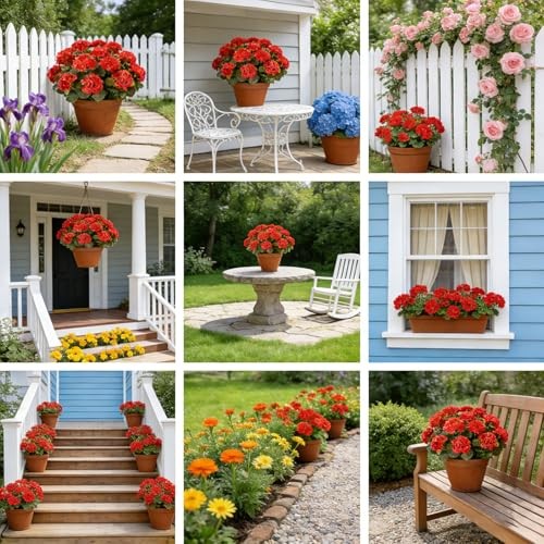 Artificial Flowers for Outdoors, 6 Bundles Realistic Silk Fake 6PCS Bright Red gallery