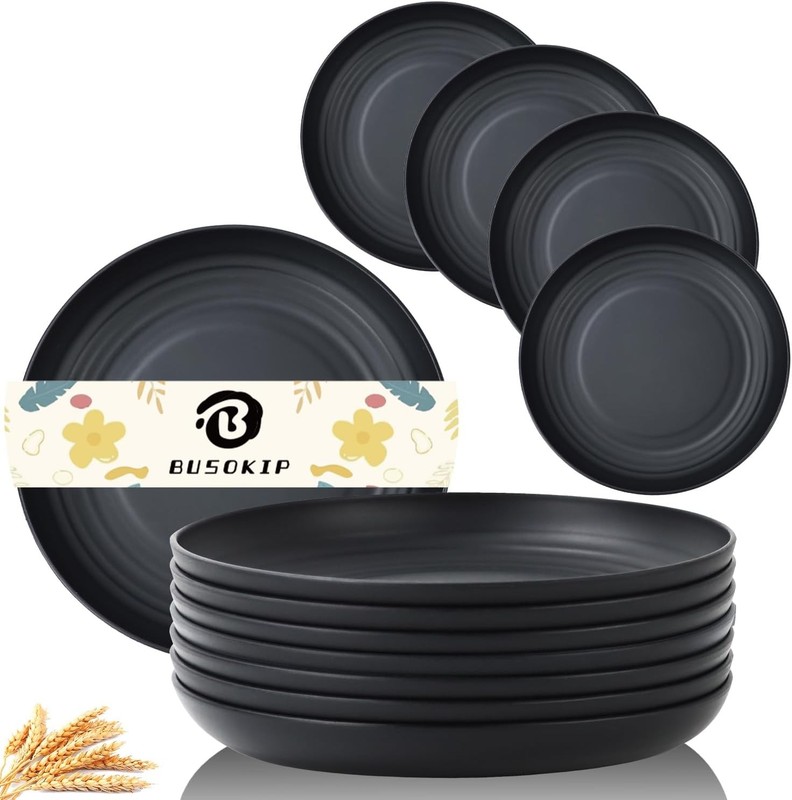 Wheat Straw Plates Set of 8, 9 Inch Dinner Plate for Camping, 9 inch, Black