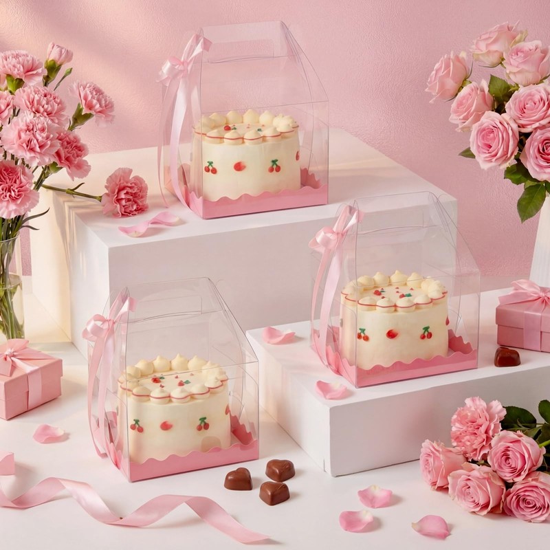 15 PCS Clear Cake Boxes 6x6x8.3 Inch Bakery Gift Transparent Pink Ribbon gallery